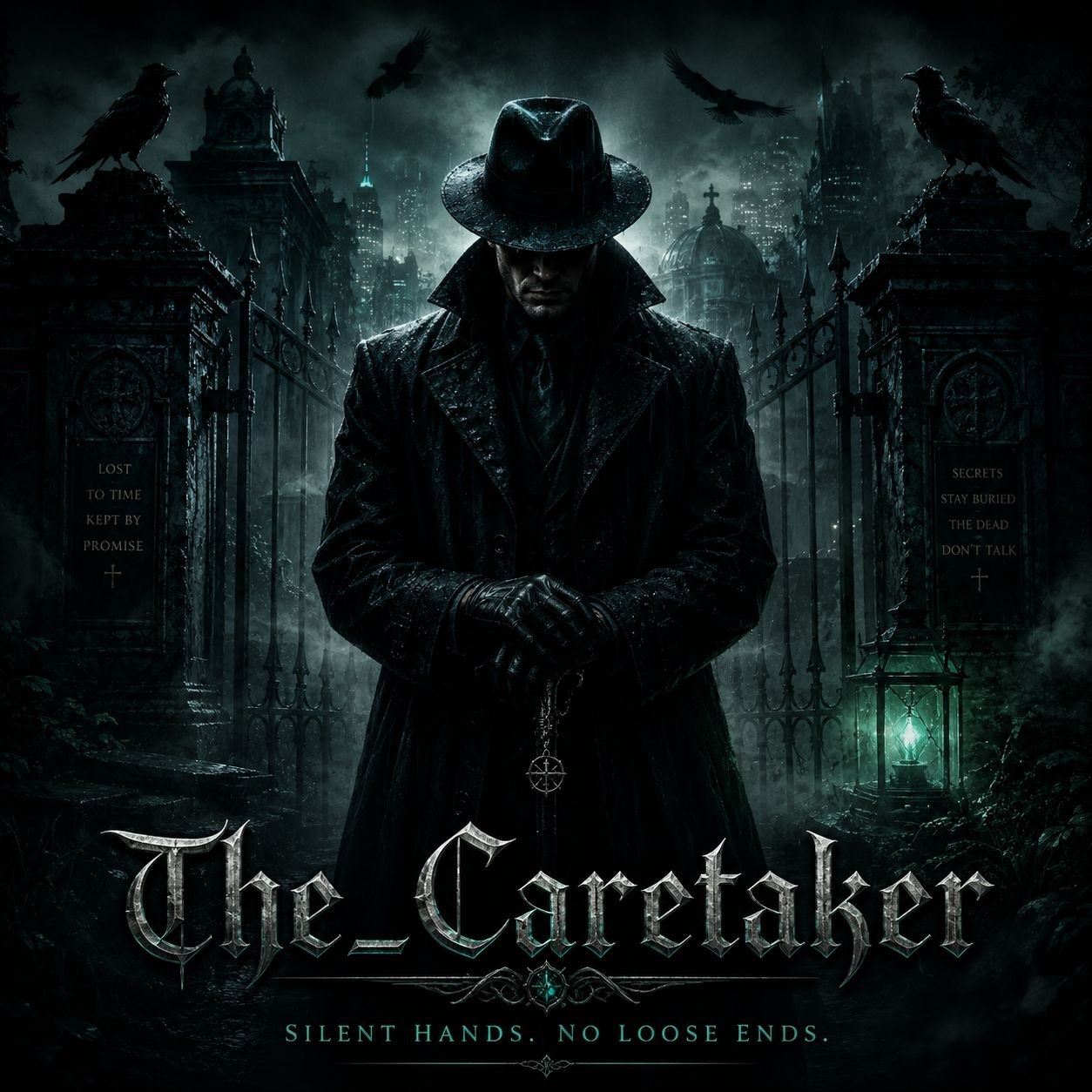 The_Caretaker — een gemantelde figuur met fedora op een mistig nachtkerkhof
